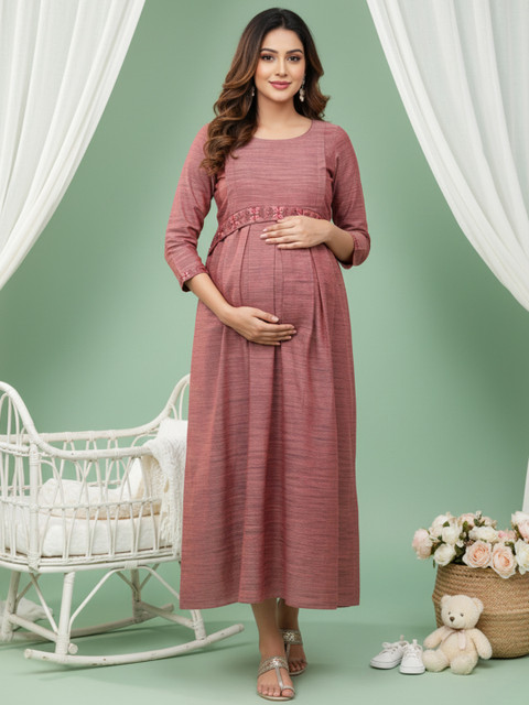 DUMMY SHAPE Round Neck Thread Work detail Pleated Maternity A-Line Dress