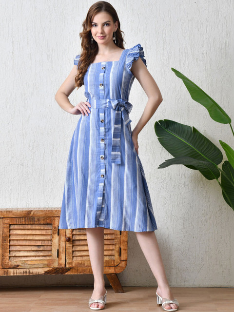 YANAMORA Striped Puff Sleeve A-Line Midi Dress