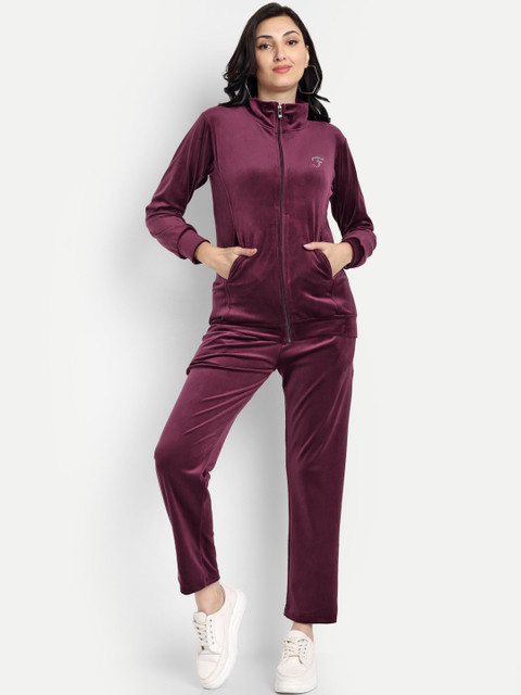 Chemistry Women High Neck Long Sleeve Winter Wear Velvet Tracksuit