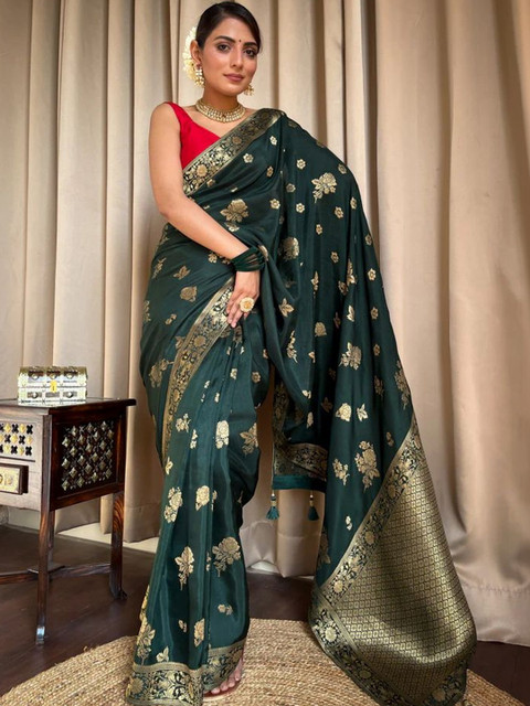 Anouk Floral Zari Silk Blend Banarasi Saree - Image 3