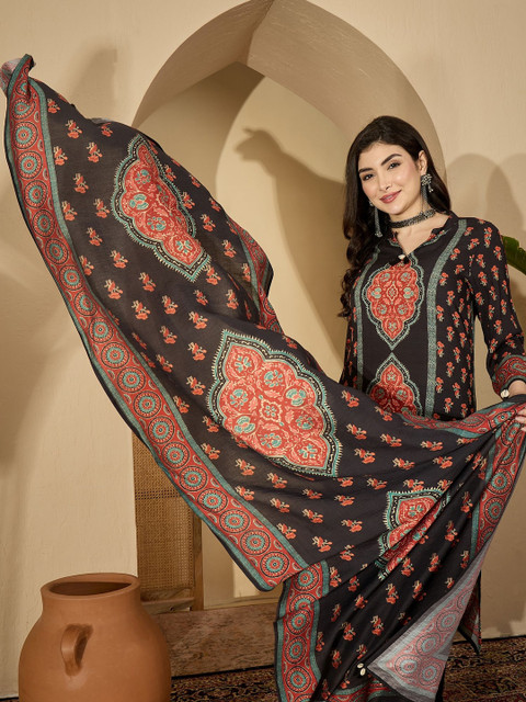 Sangria Printed Pure Cotton Mandarin Collar Straight Kurta & Trousers With Dupatta