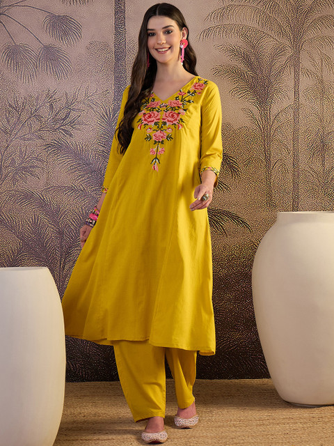 Sangria Women Floral Embroidered Regular Pure Cotton Straight Kurta with Palazzos