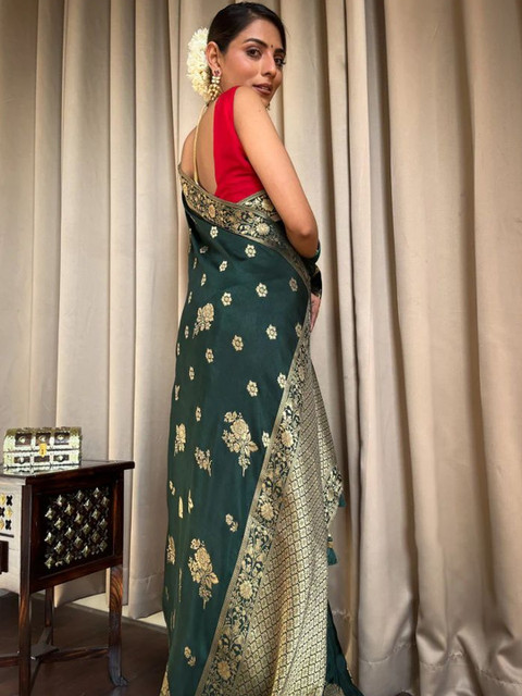 Anouk Floral Zari Silk Blend Banarasi Saree - Image 4