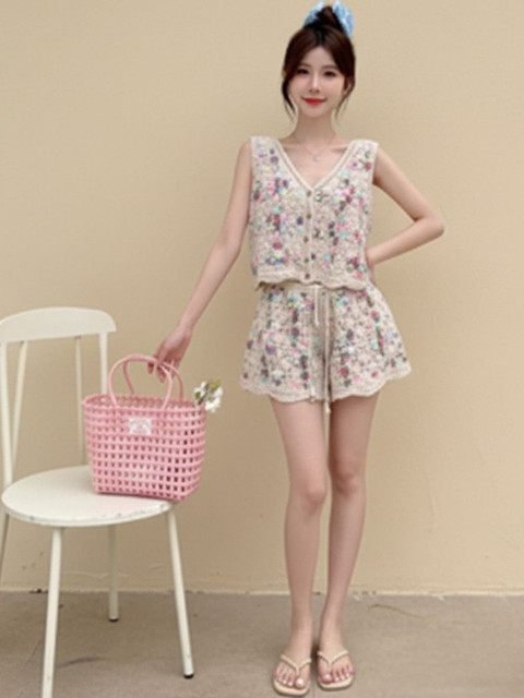 DressBerry Self Design Pure Cotton V-Neck Vest Top & Shorts Co-Ords