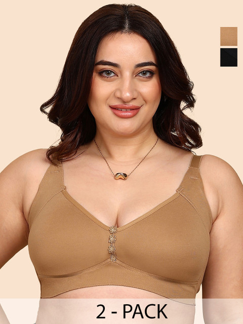 KOMLI Pack of 2 Bonded Breathable Cotton Plus Size M-Frame Minimiser Non-Padded Bra