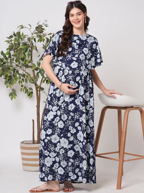 Mystere Paris Floral Print Flutter Sleeve Maternity Maxi Dress