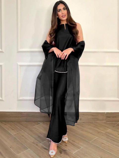 Radhey Trendz Women Regular Beads and Stones Pure Silk Kurta with Palazzos & With Dupatta