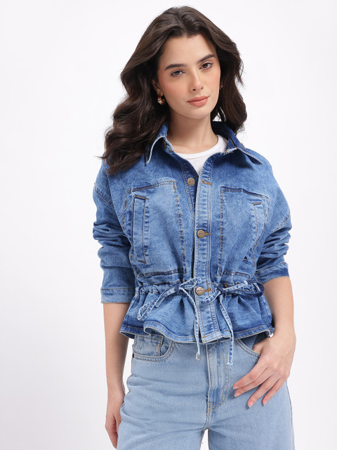 glitchez Relaxed Fit Drop-Shoulder Denim Jacket with Waist Tie-Up