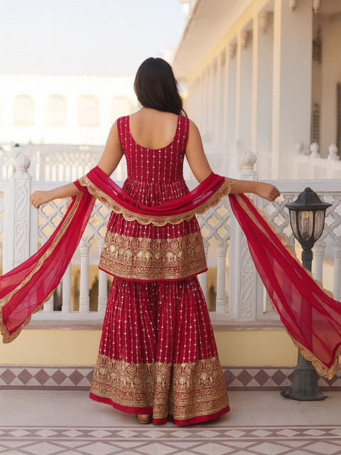 HERE&NOW Women Ethnic Motifs Embroidered Empire Gotta Patti Kurta with Sharara & With Dupatta - Image 2