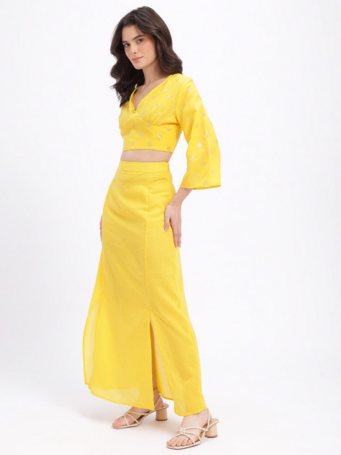 Yellow Embellished Co-Ords with V-Neck Top and Skirt