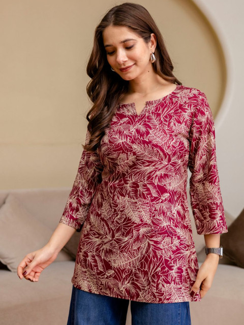 DAEVISH Botanical Printed V-Neck Kurti