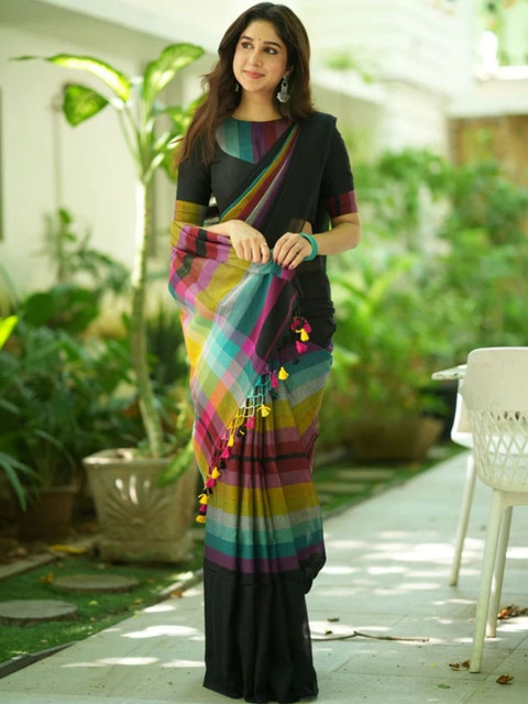 SHYAMALI BOUTIQUE Checked Pure Cotton Block Print Saree