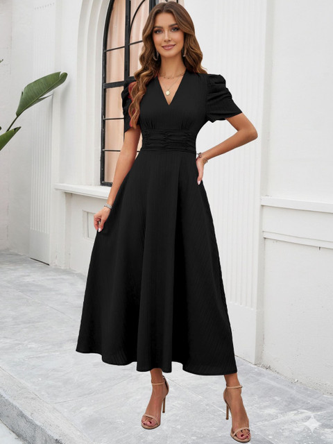 Sugathari Puff Sleeve Fit & Flare Midi Dress