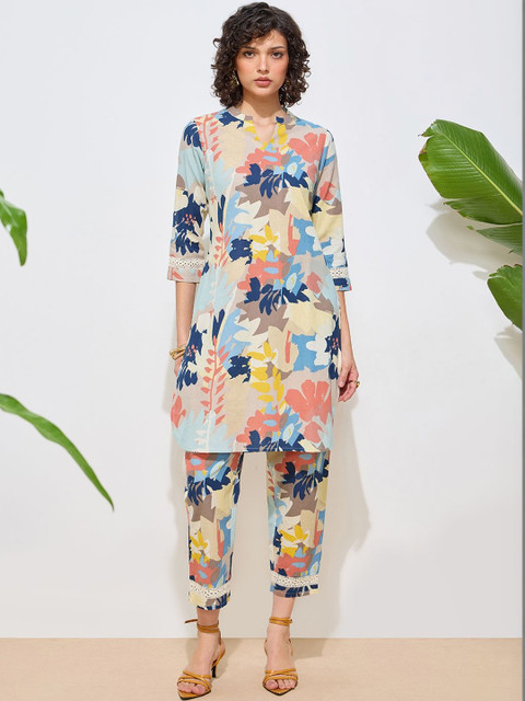 Fourleaf Pure Cotton Floral Printed V-Neck Tunic With Trousers Co-Ords