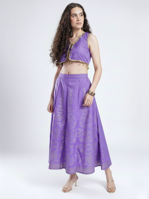 Purple Printed V-Neck Sleeveless Co-Ords