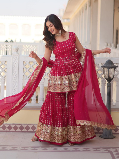 HERE&NOW Women Ethnic Motifs Embroidered Empire Gotta Patti Kurta with Sharara & With Dupatta - Image 4