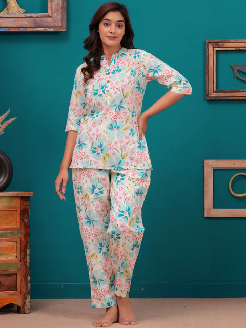 NITVAN Printed Mandarin Collar Top & Trousers Co-Ords