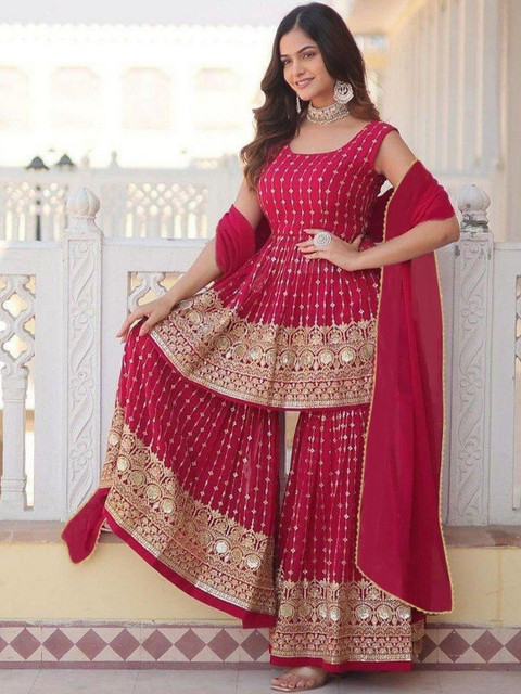 HERE&NOW Women Ethnic Motifs Embroidered Empire Gotta Patti Kurta with Sharara & With Dupatta - Image 3