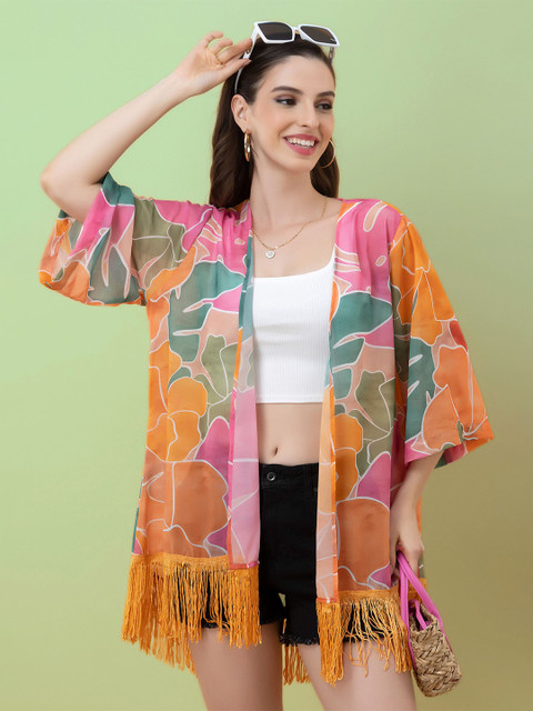 PURYS Women Abstract Printed V-Neck Tasselled Longline Shrug