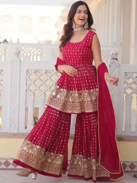 HERE&NOW Women Ethnic Motifs Embroidered Empire Gotta Patti Kurta with Sharara & With Dupatta