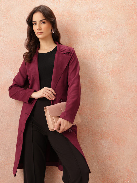 all about you Panelled Notched Lapel Suede Overcoat with Detachable Belt