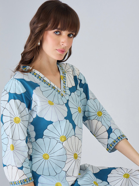 Indo Era Women Floral Printed Regular Thread Work Pure Cotton Kurta with Trousers