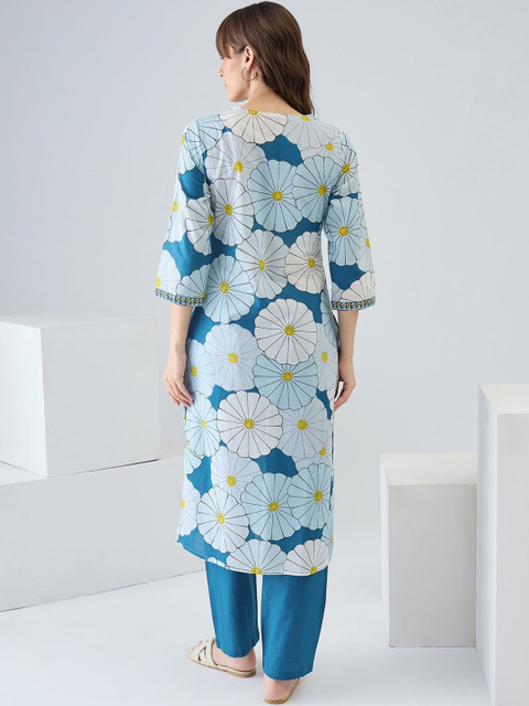 Indo Era Women Floral Printed Regular Thread Work Pure Cotton Kurta with Trousers - Image 5
