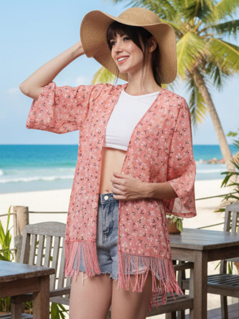 PURYS Women Pink & White Floral Printed Tasselled High-Low Longline Shrug