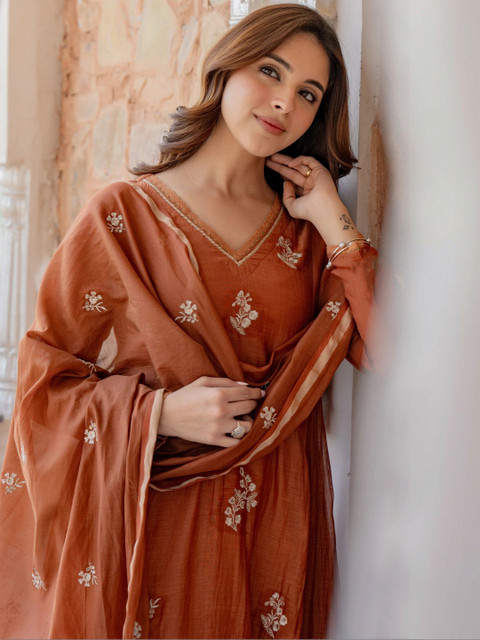 KALINI Women Ethnic Motifs Embroidered Panelled Thread Work Pure Cotton Kurta with Trousers & With Dupatta - Image 2