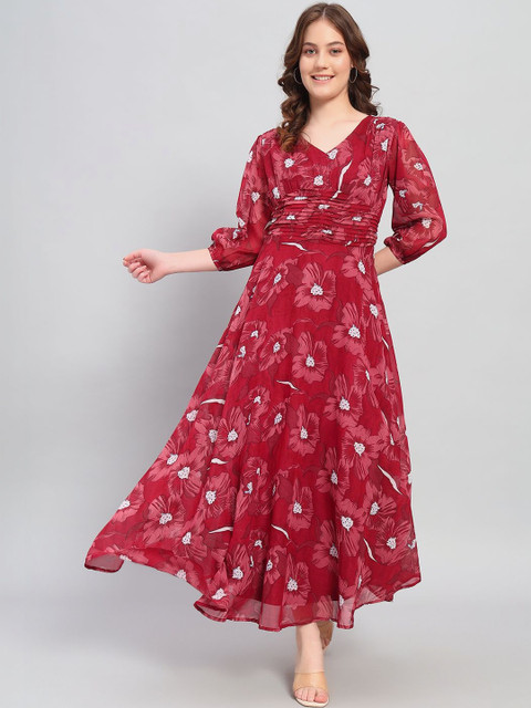 DressBerry Floral Print Puff Sleeve Georgette Fit & Flare Maxi Dress