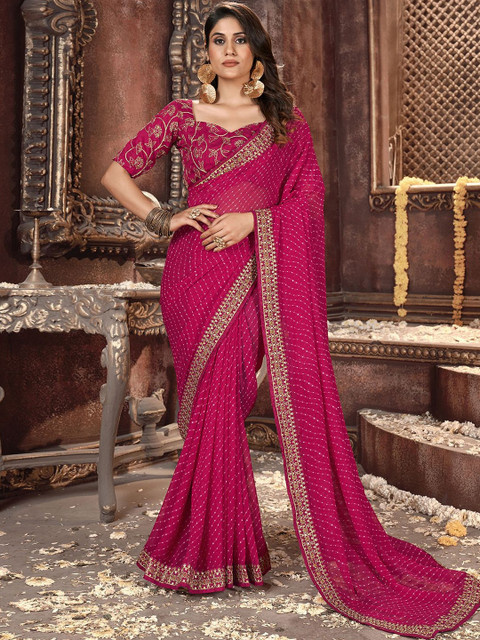 SANISA Ethnic Motifs Embroidered Poly Georgette Heavy Work Leheriya Saree