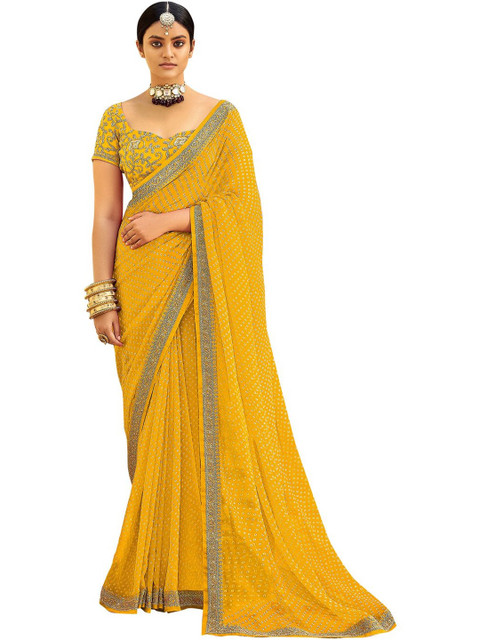 SANISA Embellished Zari Poly Georgette Heavy Work Bandhani Saree