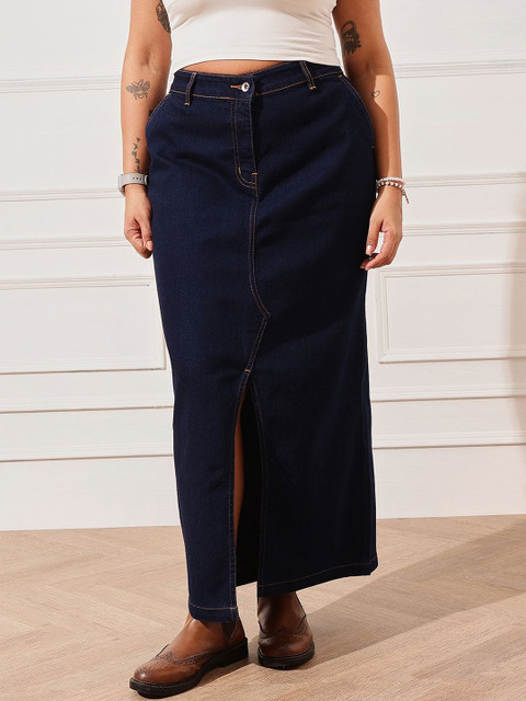 CURVY STREET Denim Front Slit Maxi Straight Skirts