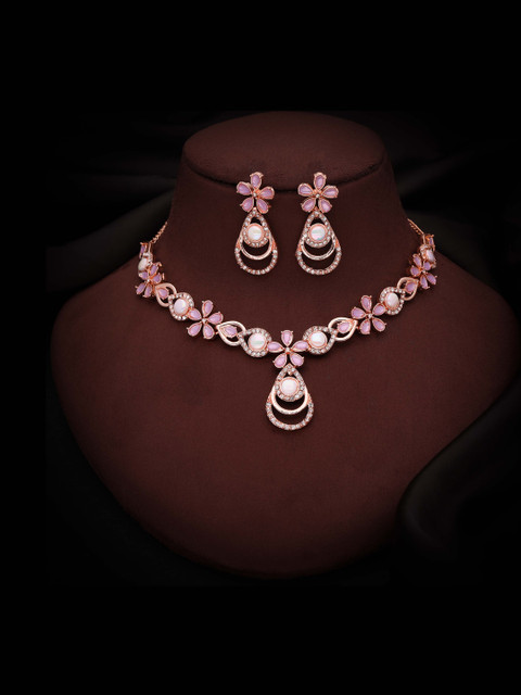 Sangria Rose Gold-Plated American Diamond Stone Studded Jewellery Set