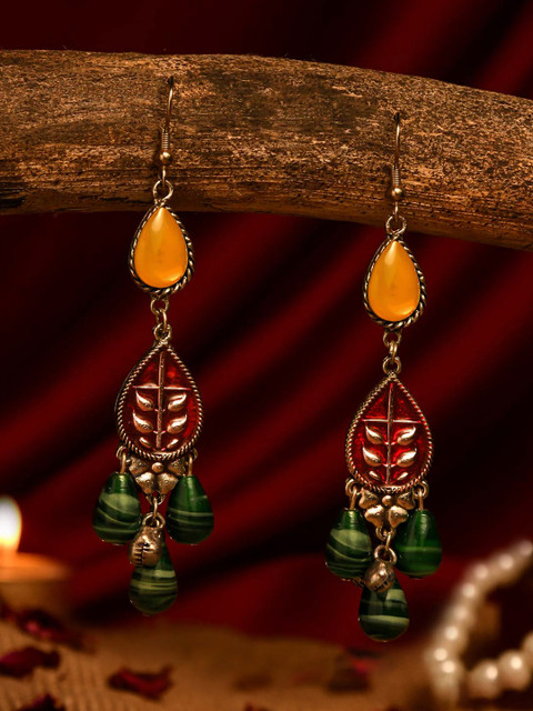 EVERSTYLISH Silver Plated Artificial Stone Studded & Beaded Teardrop Shaped Drop Earrings