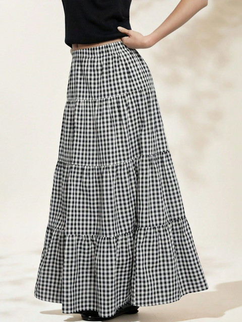FLOWERVELLY Checked Flared Maxi Skirt