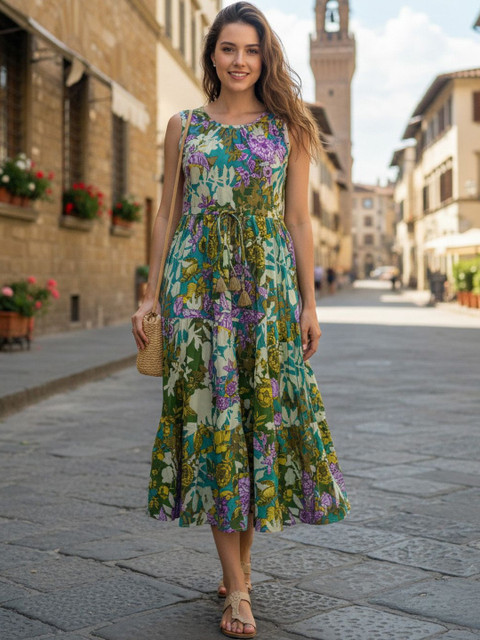 fusion by glitchez Floral Print A-Line Midi Pure Cotton Dress