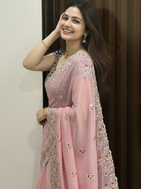 ROFOLO Embellished Embroidered Art Silk Heavy Work Saree