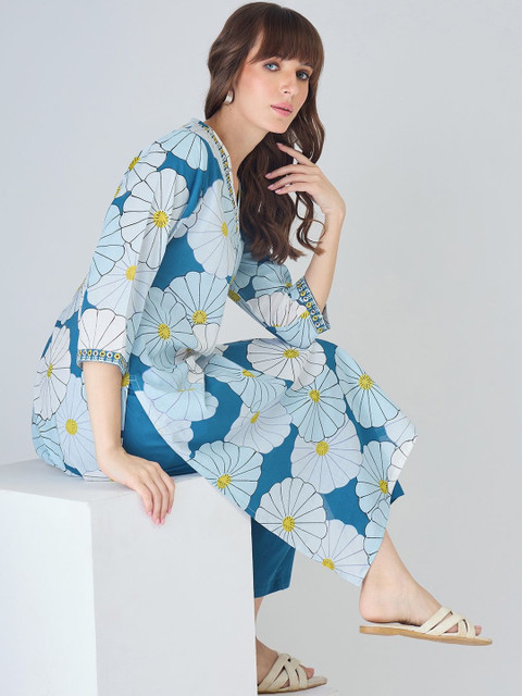 Indo Era Women Floral Printed Regular Thread Work Pure Cotton Kurta with Trousers - Image 6