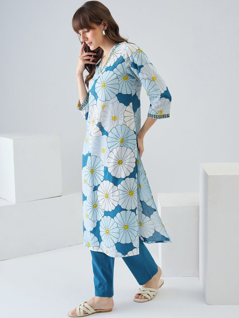 Indo Era Women Floral Printed Regular Thread Work Pure Cotton Kurta with Trousers - Image 2