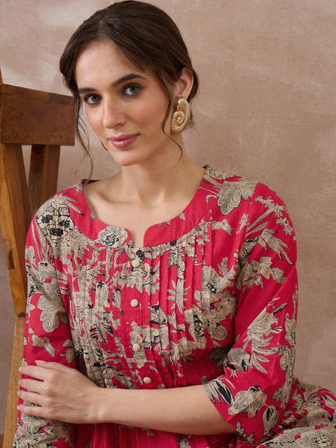 Indo Era Women Floral Printed Pleated Pure Cotton Kurta with Trousers