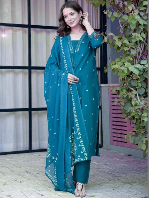 PARTHVI Women Ethnic Motifs Printed Regular Thread Work Pure Cotton Kurta with Trousers & With Dupatta