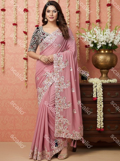 ROFOLO Embellished Embroidered Art Silk Heavy Work Saree