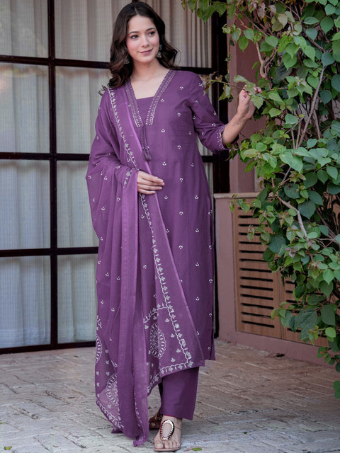 PARTHVI Women Ethnic Motifs Embroidered Regular Thread Work Pure Cotton Kurta with Trousers & With Dupatta