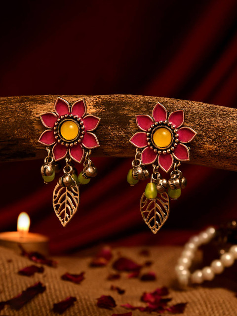 EVERSTYLISH Silver-Plated Artificial Stones Studded & Beaded Oxidised Floral Drop Earrings