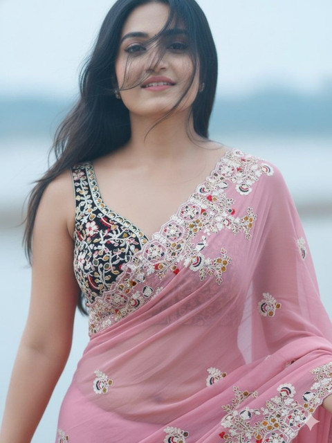 ROFOLO Embellished Embroidered Art Silk Heavy Work Saree