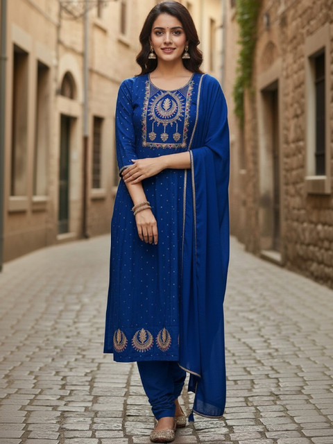 DWIJA FASHION Women Ethnic Motifs Embroidered Regular Thread Work Kurta with Churidar & With Dupatta