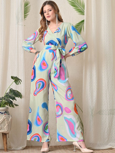 Sleek Italia Printed V Neck Long Sleeves Waist Tie-Ups Basic Jumpsuit