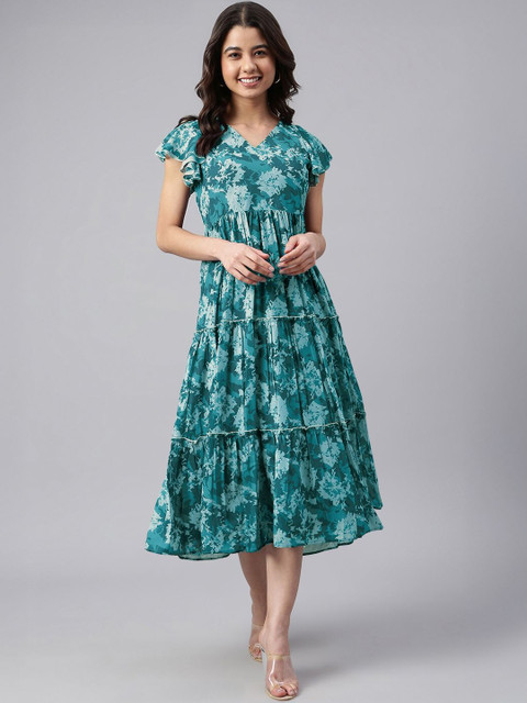 THREAD BOX Floral Print Flutter Sleeve Georgette A-Line Midi Dress