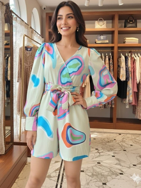 SZN Printed V Neck Long Sleeves Waist Tie-Ups Basic Jumpsuit